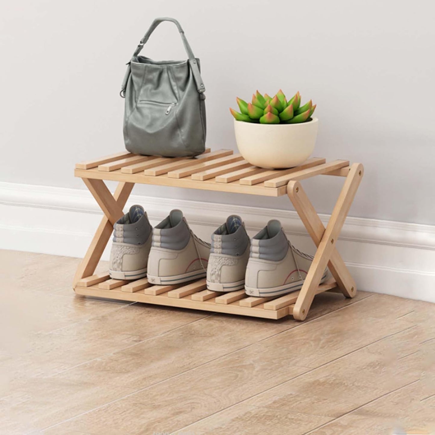 2 (2 Tier Bamboo Shoe Rack,Portable Folding Shoe Storage Rack,Without Installation Small Shoe Rack Perfect