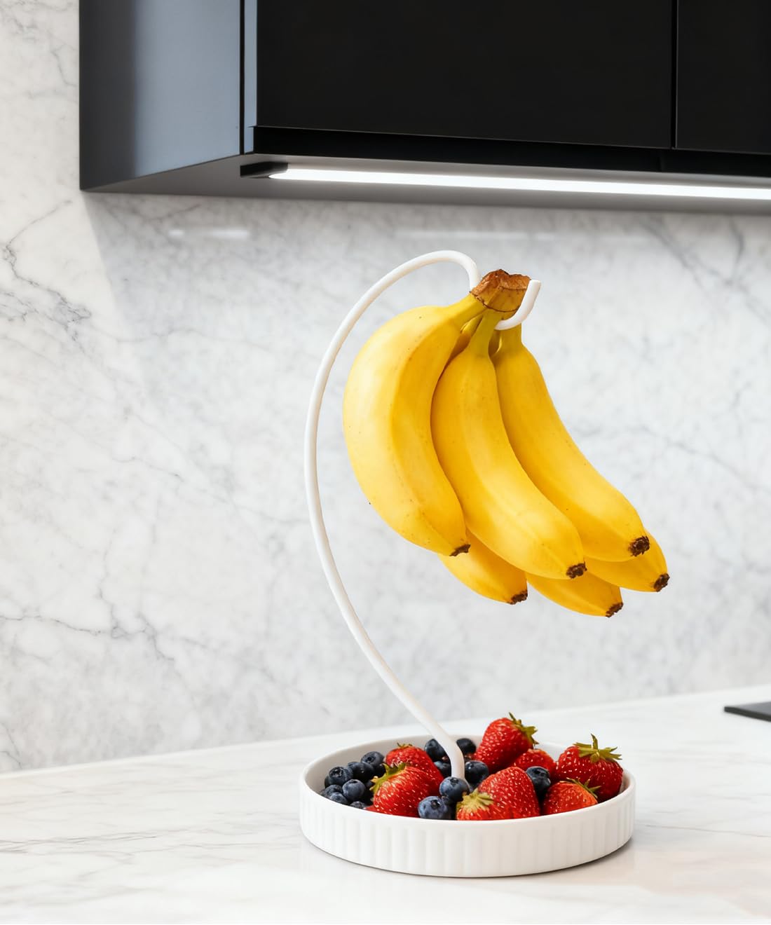 VROOMIUM Banana Holder Stand - Taller Design for Better Air Circulation, Ceramic Bowl Easy to Clean, Modern Elegant Gift Home Décor Fruit Basket-White