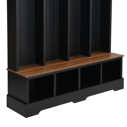 WZONICE98 76.7" Hall Tree with 8 Hooks, Farmhouse Entryway Bench with Shoe Storage Compartments, 3-in-1 Coat and Shoe Rack for Mudroom, Living Room, Black