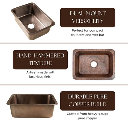 Monarch Abode Kitchen & Bar Sink – 21-inch Milan Dual Mount Drop in Kitchen Sink, Hand Hammered Pure Copper Sinks, Drop in Bar Sinks or Undermount, Deep Single Rectangular Bowl