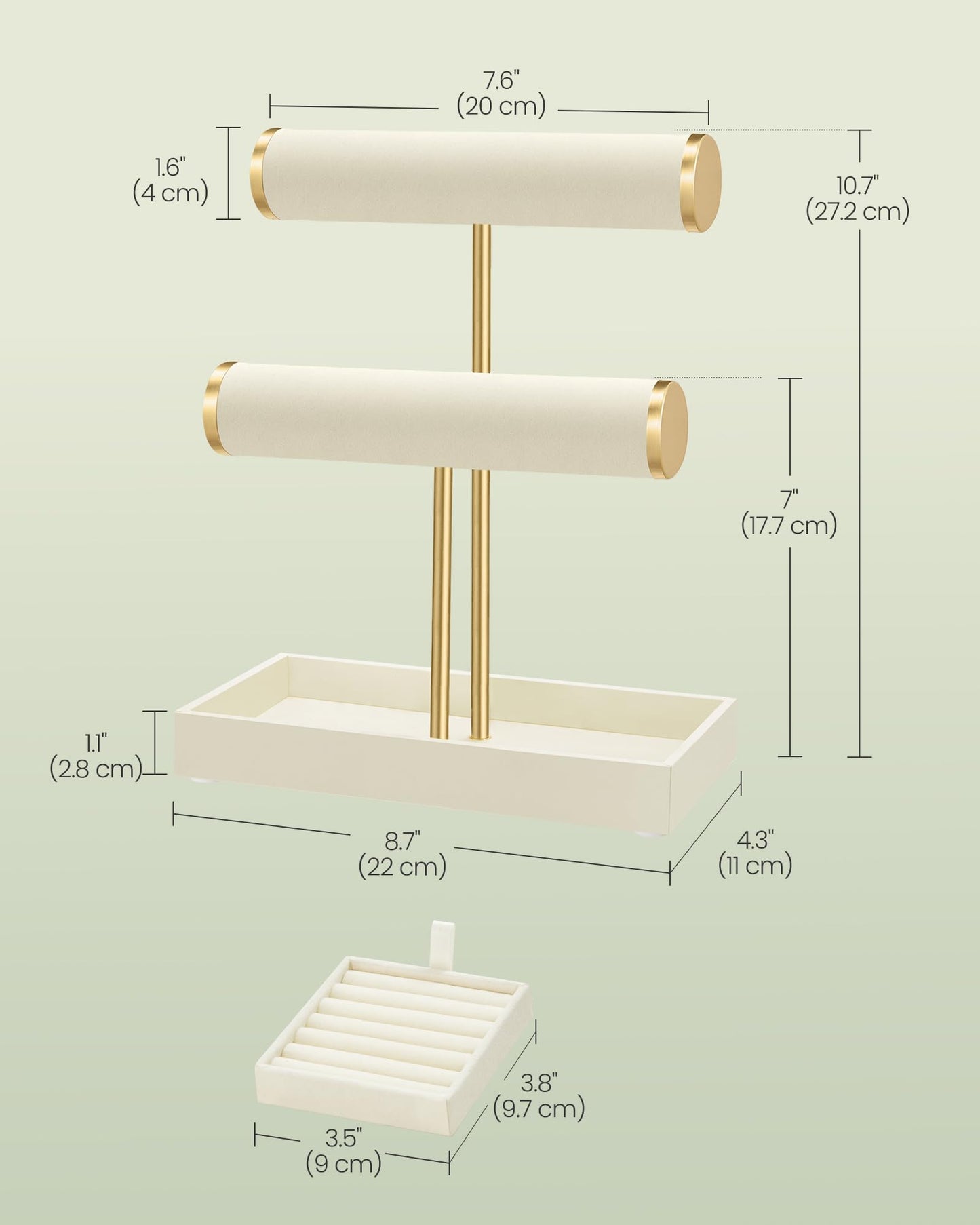 SONGMICS Bracelet Holder Stand, Jewelry Display Stand, Jewelry Organizer, with 2 Tiers and Velvet Tray, Removable Ring Holder, Cream White and Pale Gold UJJS039W101