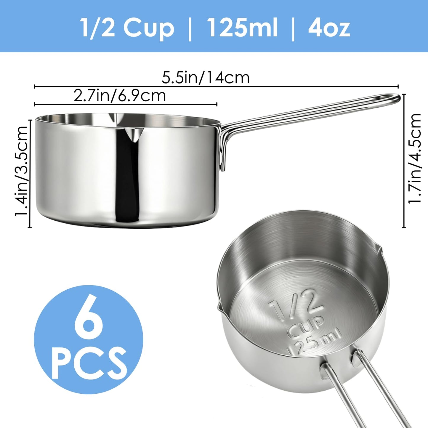 YOUEON 6 Pcs 1/2 Cup (125ml) Stainless Steel Measuring Scoops, Metal Measuring Cups with Handle for Dog Food, Coffee, Baking, Cooking, Dishwasher Safe