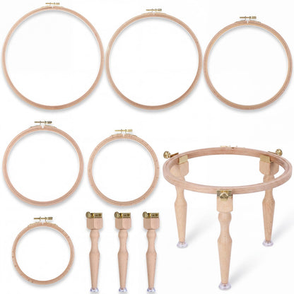 Novabright 3 Wooden Embroidery Hoop Holder Legs with 6 Round Hoops 5'' to 10'' 6 Sizes, Adjustable Embroidery Stand Frame Legs Standard Full Coverage for Upgrade Sewing Cross Stitch Home Craft Project