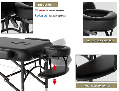 DOVANS Professional Massage Table Portable 3 Fold Premium Memory Foam Aluminium Leg Hold Up to 1100LBS 8 Heights Adjustable with Carrying Bag Black