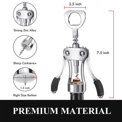 KORCCI Wine Opener, Heavy-Duty Zinc Alloy Wing Corkscrew, Premium Beer Bottle Opener, Multifunctional Wine Accessories with Ergonomic Handle and Sharp Screw, for Kitchen, Bar, Restaurant, Bartenders