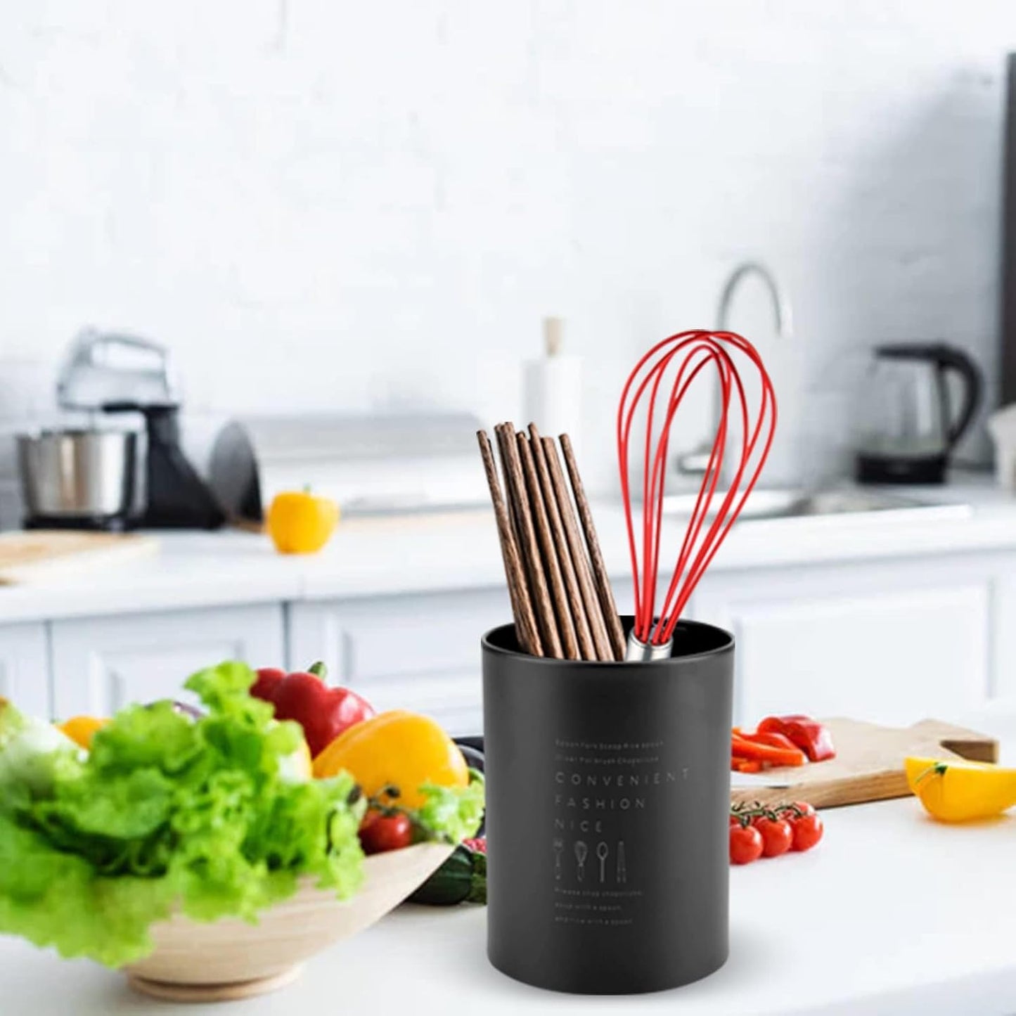 Kitchen Utensil Holder, Black Stainless Steel 3.9x5.1in Spoon Holder with Drainage Holes for Kitchen Counter