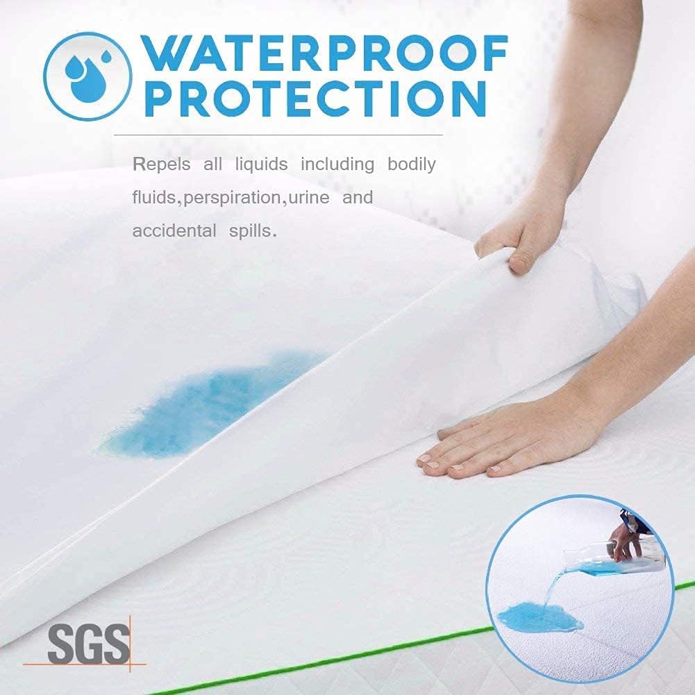 Twin Size Waterproof Cooling Mattress Protector Pad, Soft Noiseless Fitted Sheet Style for Kids Adults, White