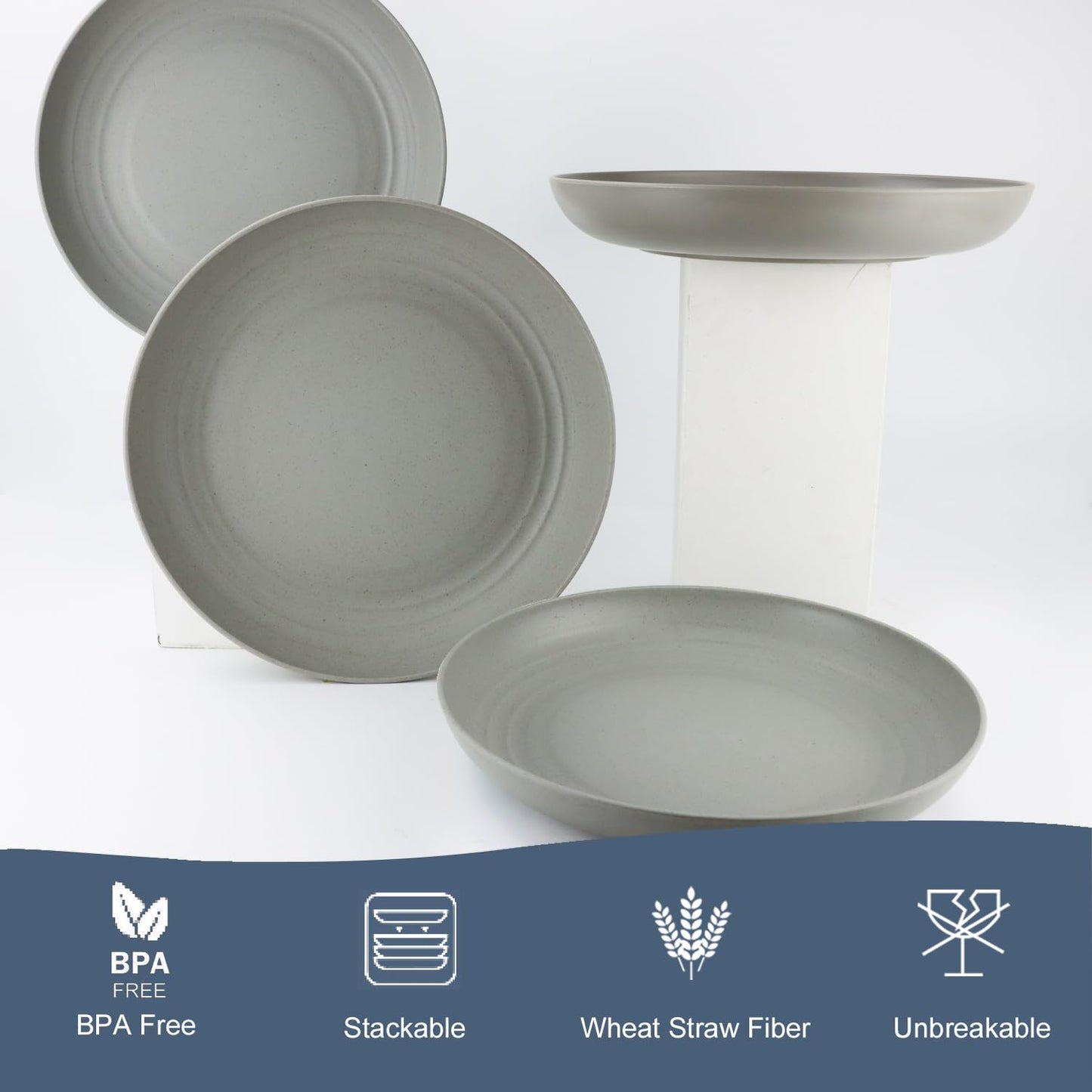Homienly Deep Dinnerware Set of 12 - Alternative to Plastic, Microwave & Dishwasher Safe Wheat Straw Plates for Kitchen - Unbreakable Kids Plates (Grey, 10 inch)