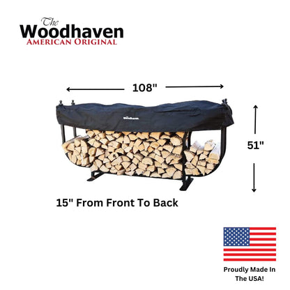 Woodhaven 9ft Courtyard Firewood Rack - Luxury Outdoor Log Holder With Cover - Made In USA - Black UV Stable Powder Coat Finish