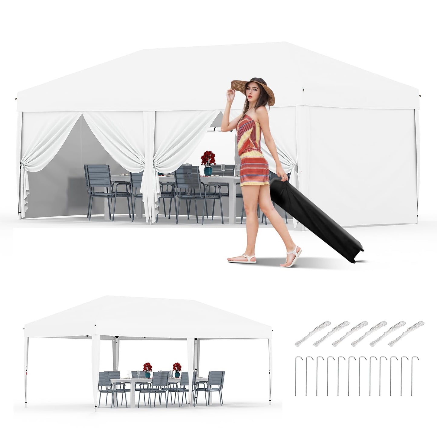 Garvee 10x20 Pop Up Canopy with 6 Sidewalls, Beach Ten with One Push Setup, Reinforced Frame, Outdoor Easy Up Canopy Tent with Portable Roller Bag, Adjustable Height, Sandbags, Silver Coated, White