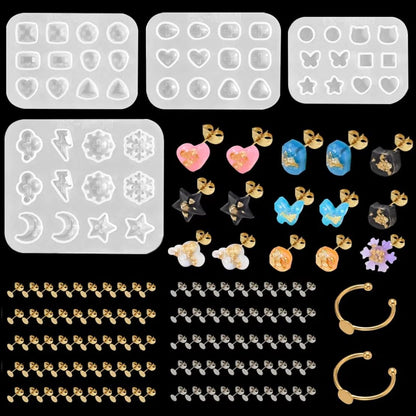 DeryArcle 4 Pcs Stud Earring Resin Molds, Silicone Molds for Epoxy Resin, DIY Jewelry Making Kit with 100 Pcs Stud Earring Bases & 2 Ring Holders,Mini Star Love Butterfly Snowflake