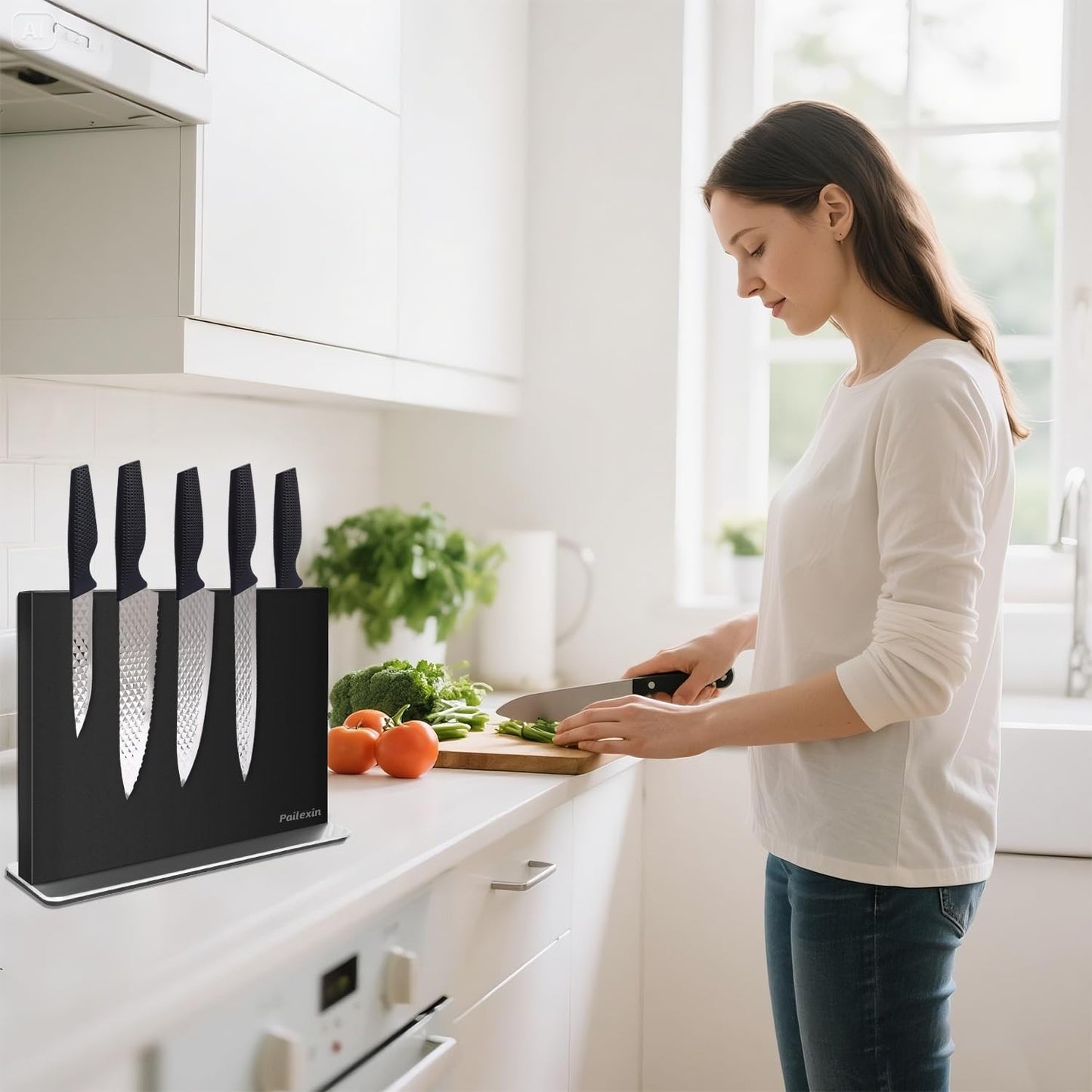 Pailexin Magnetic Knife Block Without Knives—Black Stainless Steel Double-Sided Magnetic Knife Holder Stand with Strong Magnets, Knife Storage Organizer for Kitchen Counter top