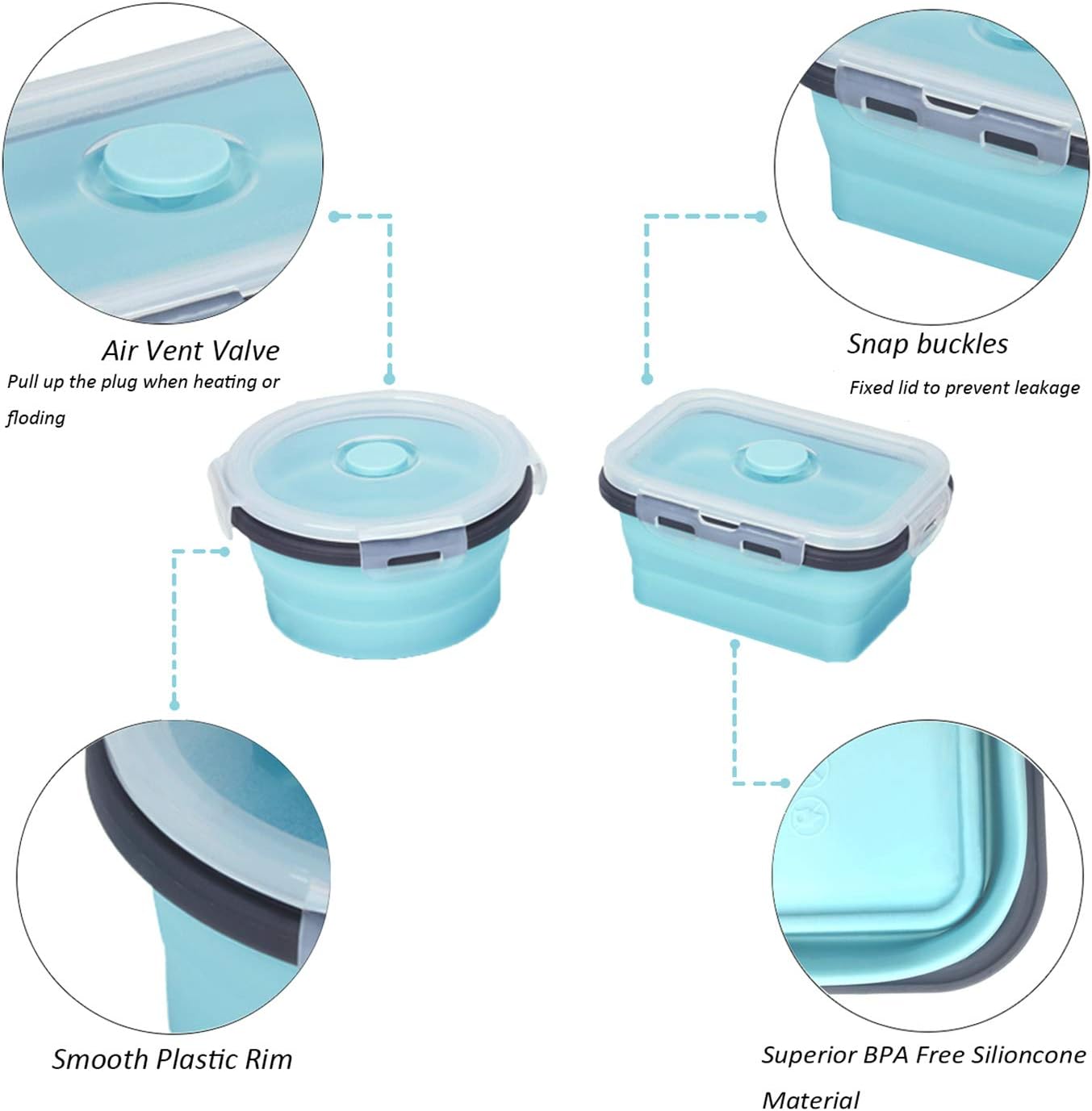 KUON Collapsible Silicone Food Storage Containers, Set of 4 with Airtight Lids, Microwave and Freezer Safe