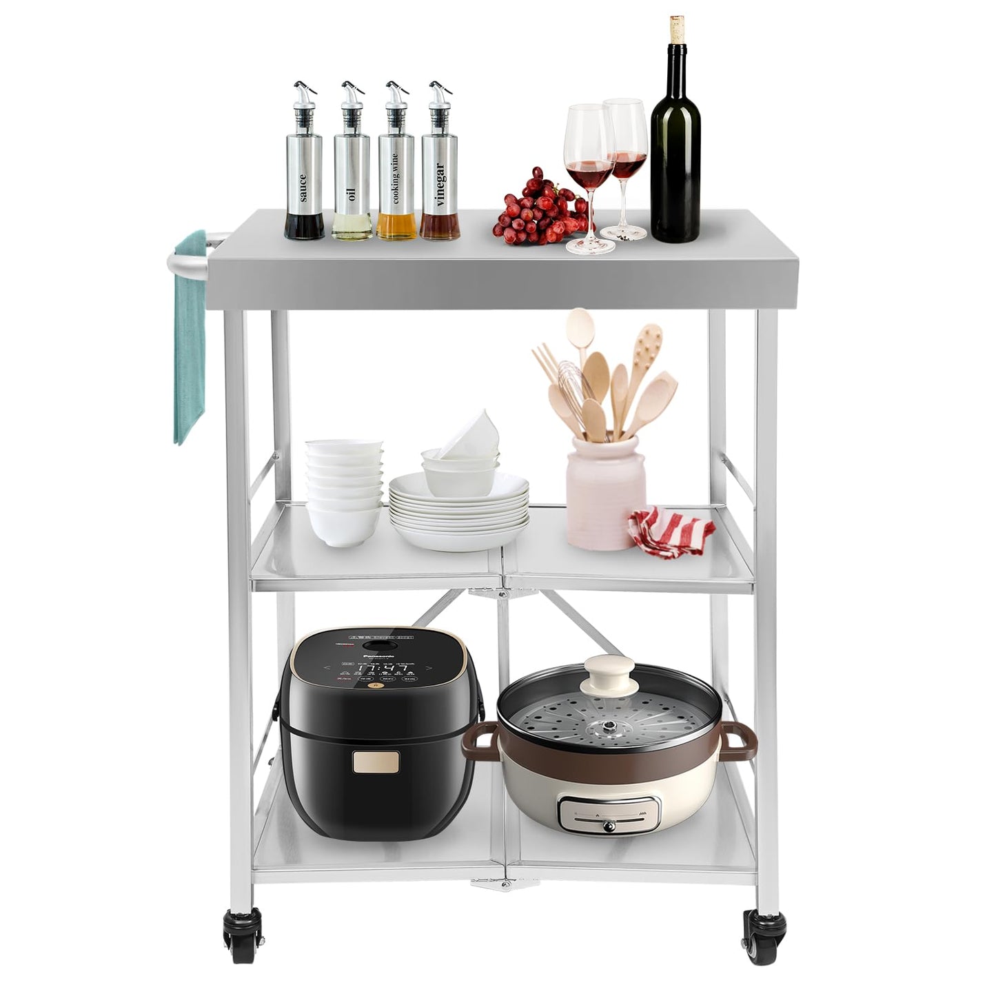 DHccPOLve 3 Tier Stainless Steel Kitchen Trolley Cart Foldable Utility Serving Storage Rolling Car Shelf (25.75 * 20 * 36inch Silver)