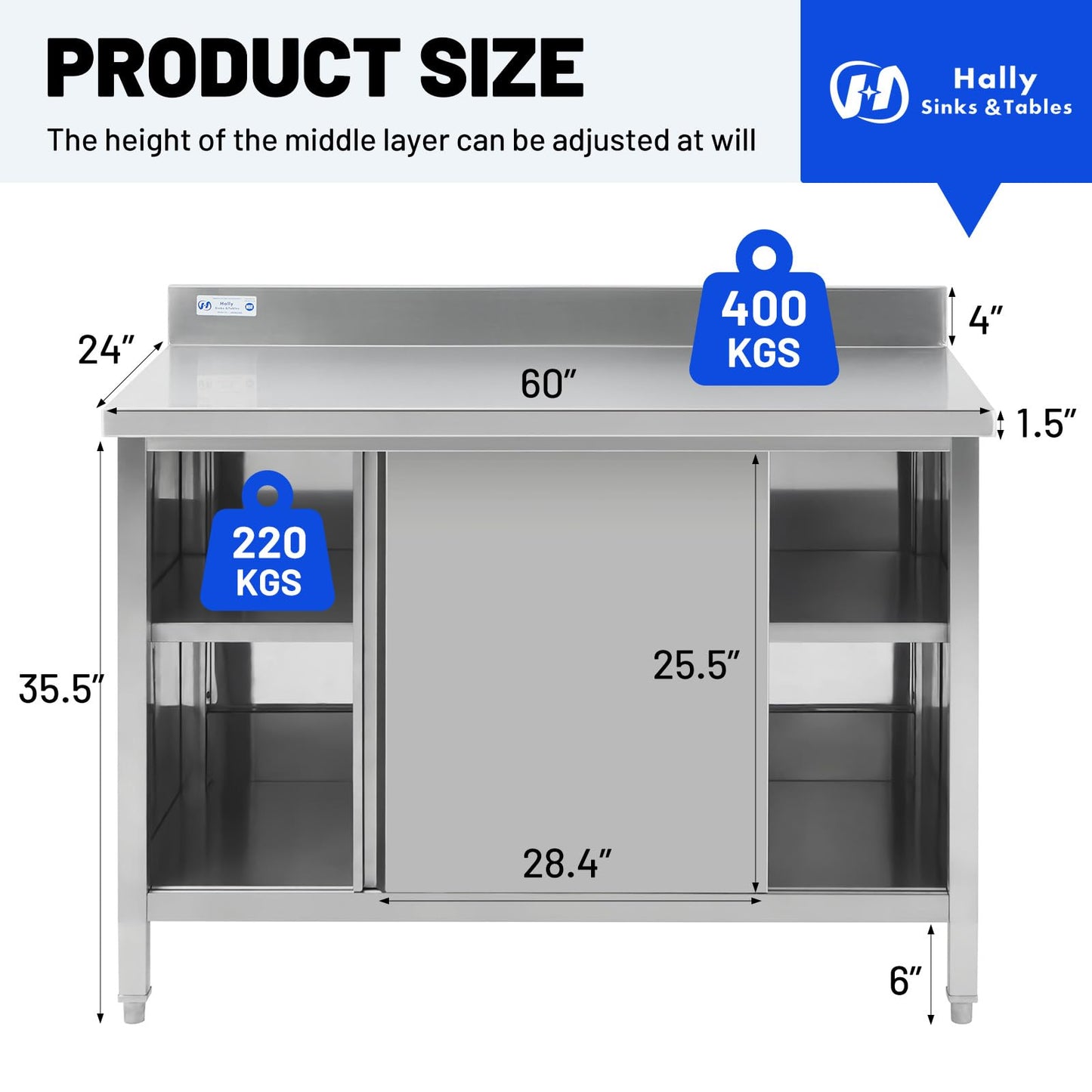 Hally Stainless Steel Cabinet, 24" x 60" NSF Commercial Heavy Duty Prep Workbench with Backsplash and Two Sliding Doors, Large Storage Cabinet, Metal Table for Kitchen, Restaurant, Garage