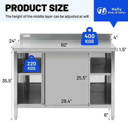 Hally Stainless Steel Cabinet, 24" x 60" NSF Commercial Heavy Duty Prep Workbench with Backsplash and Two Sliding Doors, Large Storage Cabinet, Metal Table for Kitchen, Restaurant, Garage