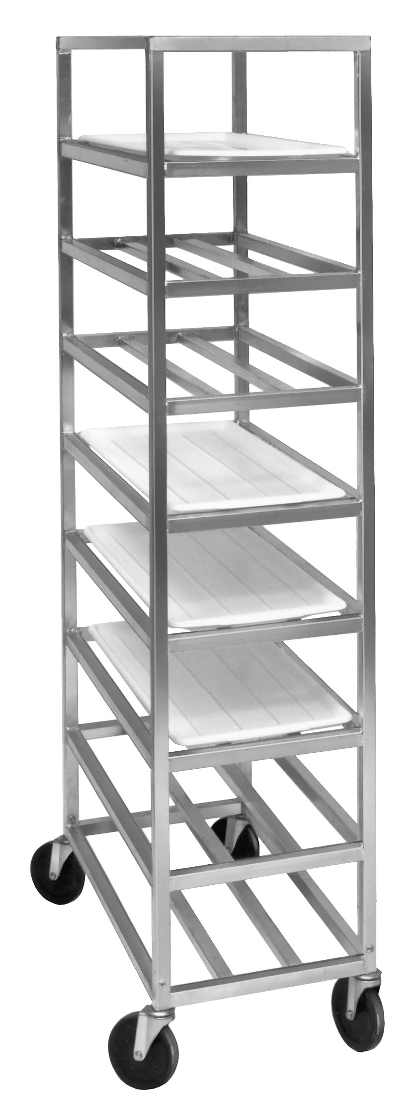 Channel UPR8 Platter Rack, Universal Mobile Baking Rack, 8 Shelves, Heavy-Duty Aluminum, Holds Plastic and Aluminum Pans, All-Welded Tubular Slides, 5" Swivel Casters, 70.25"H x 16"W x 33"D