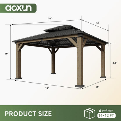 Aoxun 12' x 14' Outdoor Wood Gazebo, Hardtop Gazebo Permanent Wooden Pavilion with Galvanized Steel Double Roof, for Patio, Garden, Deckyard, Cedar Wood, Grey