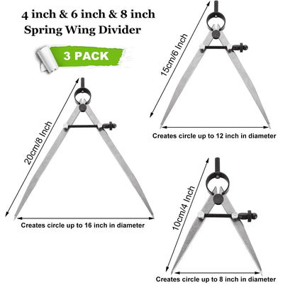 LDHHYH 3 Pack Adjustable Spring Wing Divider, 4/6/8 Inch Steel Lockable Divider Wing Compass, Precision Compass Geometry Tool for Drawing Drafting Woodworking Leather Craft