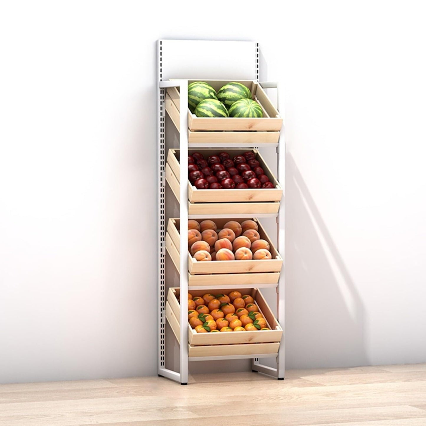 KYTGFH Commercial Supermarket Fruit Vegetable Shelf, Large Capacity Retail Snack Rack Display with Wood Baskets for Kitchen Storage.4 Tier,White Rack+Wooden Box