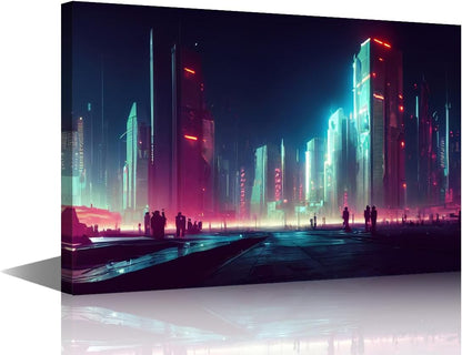 Wall Art Black and White Pictures for Living Room, Cyberpunk City Painting Prints on Canvas, 24x16 in House Decor
