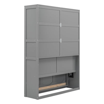 Ball & Cast Full Size Murphy Bed Wall Bed with Shelves and Mattress Holder,Wood Hideaway Cabinet Chest w/Slat Support,can be Folded,for Small Room,Dorms,Gray