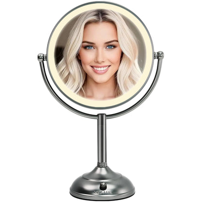 Professional 8.5" Large Lighted Makeup Mirror with Brighter Lights, 1X/10X True HD Magnifying Mirror with 3 Color Dimmable Lights, 90 Shadowless LEDs, 360°Swivel Seamless Vanity Mirror, Pearl Nickel