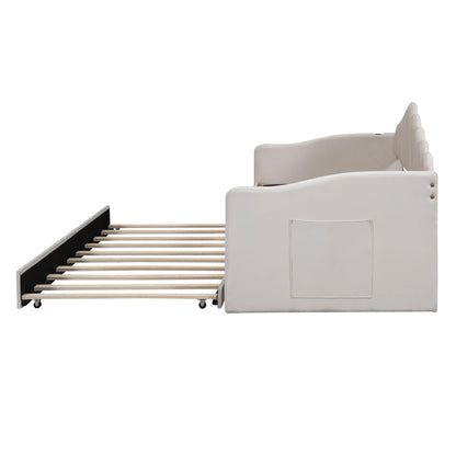 Ball & Cast Twin Daybed with Trundle and Channel Tufted Backrest,Velvet Upholstered Day Bed Frame with USB Charging Ports and 2 Side Pockets, Wood Slats Support,No Box Spring Needed,Beige