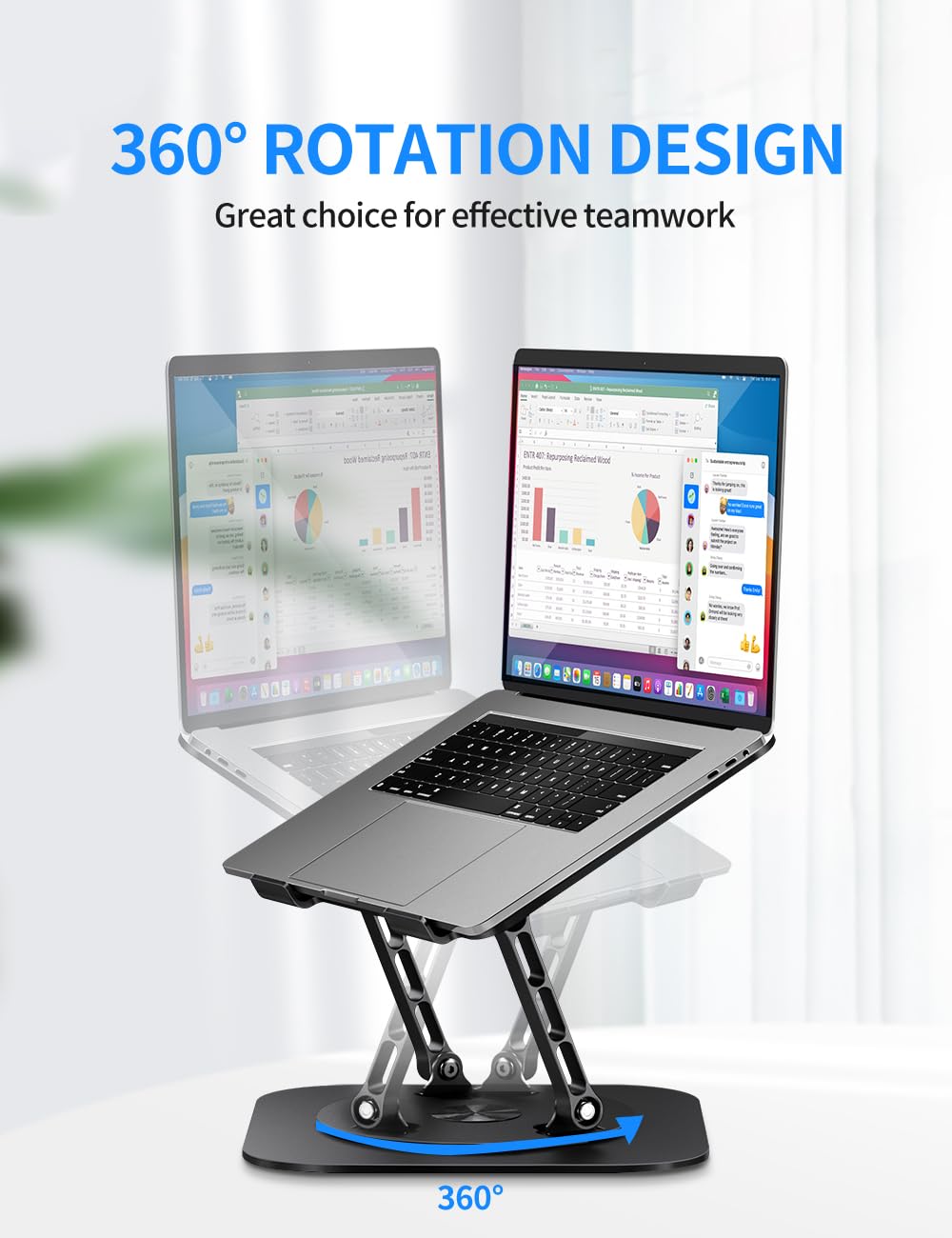 Adjustable Computer Stand with 360 Rotating Base, Ergonimic Foldable Laptop Riser for Desk Compatible with MacBook Pro/Air Notebook up to 16 Inches, Silver