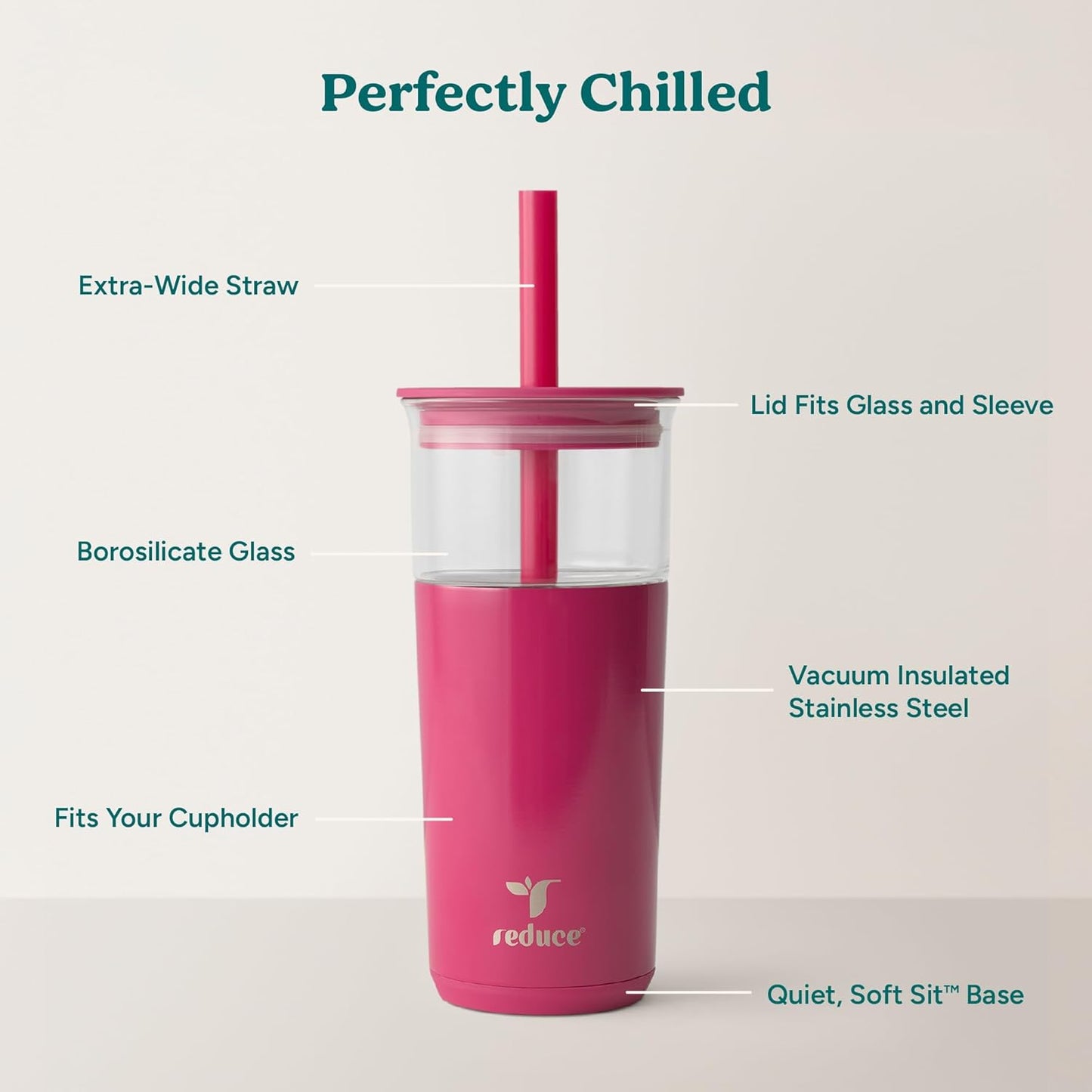 20 oz 12 REDUCE Aspen Vacuum Insulated Glass Tumbler with Lid & Extra Wide Straw - Keeps Drinks Cold for Hrs - Ideal