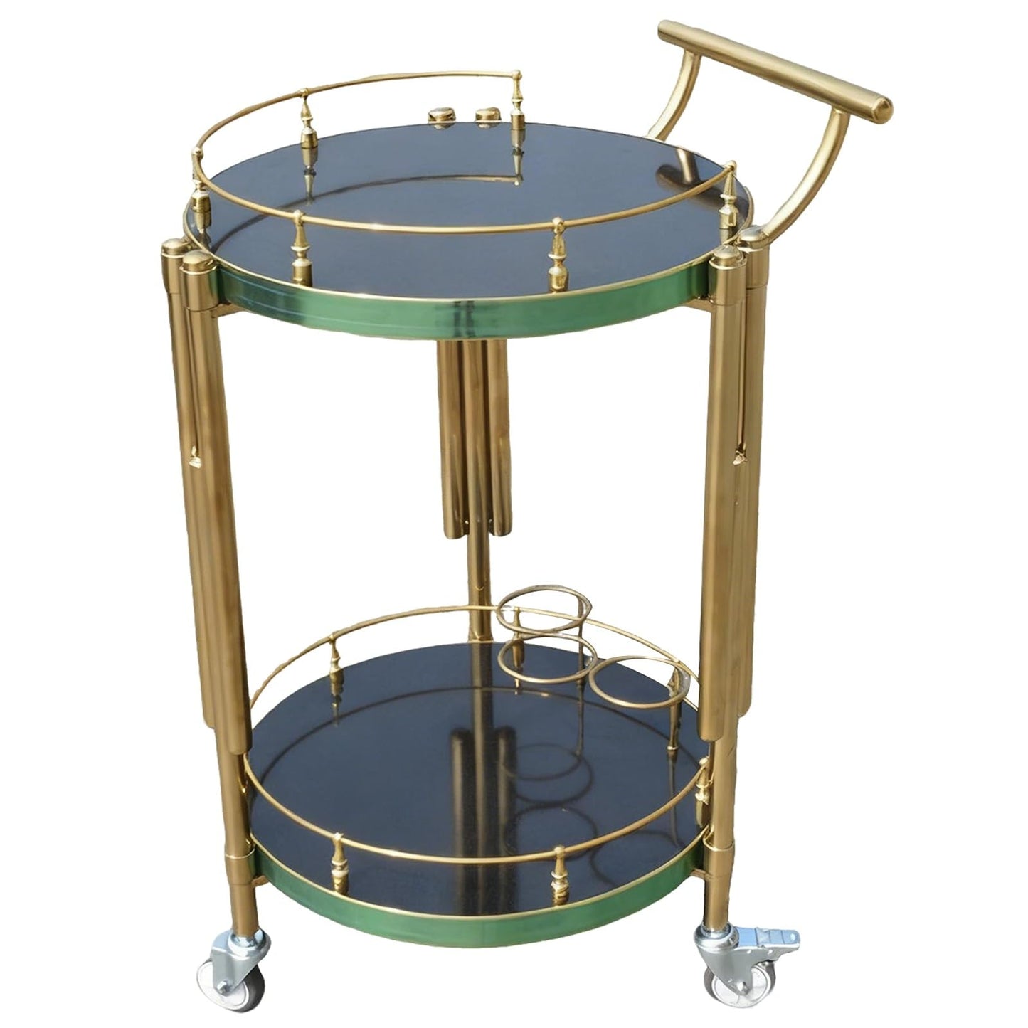 FGQuelleBM Luxury 2-Tier Mobile Cart with Wheels, Wood Top & Stainless Steel Frame for Drinks and Desserts Display