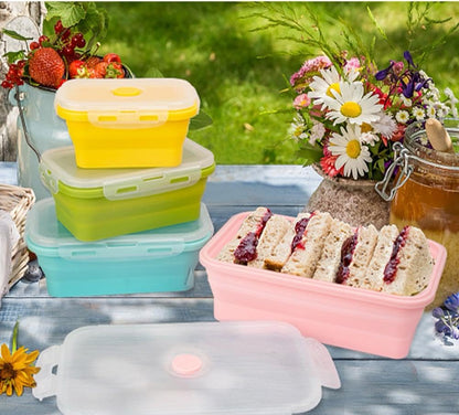 CozyKit Set of 4, Collapsible Silicone Food Storage Container, Leftover Meal Box for Kitchen, Lunch Boxes with Clip-on Lid, Stackable, Space Saving, Dishwasher Safe, BPA Free