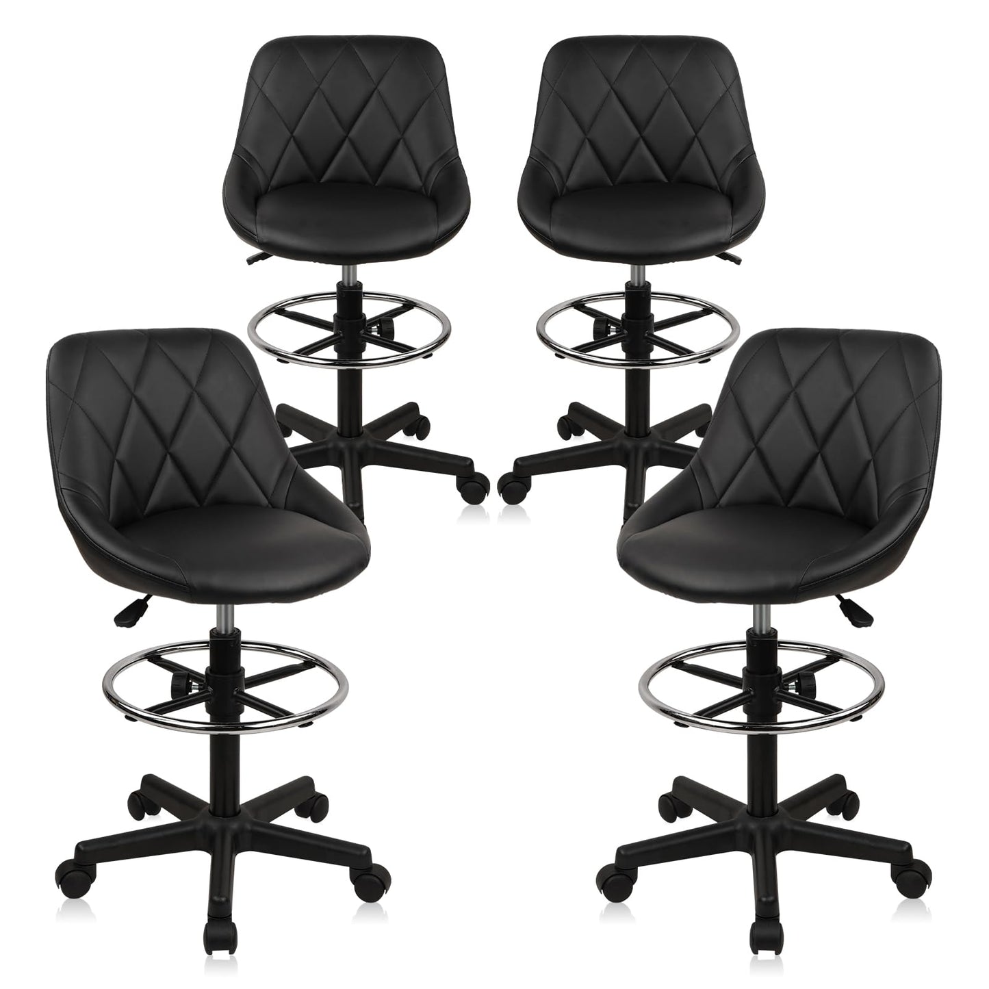 KLASIKA Drafting Chair with Backrest and Wheels, Adjustable Footrest Height Rolling Stool, PU Leather Tall Swivel Chairs Work Shop Office Desk Stools for Kitchen Home Bar, Black, 4 Pack