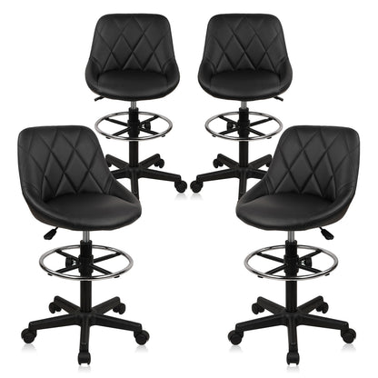 KLASIKA Drafting Chair with Backrest and Wheels, Adjustable Footrest Height Rolling Stool, PU Leather Tall Swivel Chairs Work Shop Office Desk Stools for Kitchen Home Bar, Black, 4 Pack
