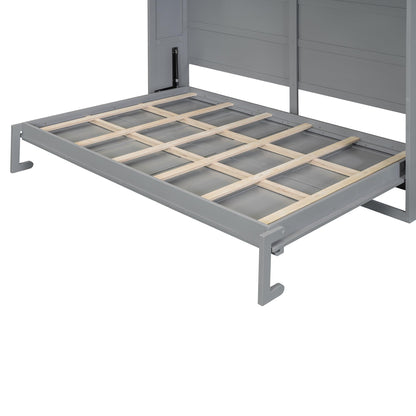 Ball & Cast Full Size Wall Cabinets Murphy Bed with Charging Station and Slat Support,Wood Hideaway Cabinet Platform Beds w/Leg & Lock,can be Folded,Space-Saving,for Small Room,Dorms,Gray