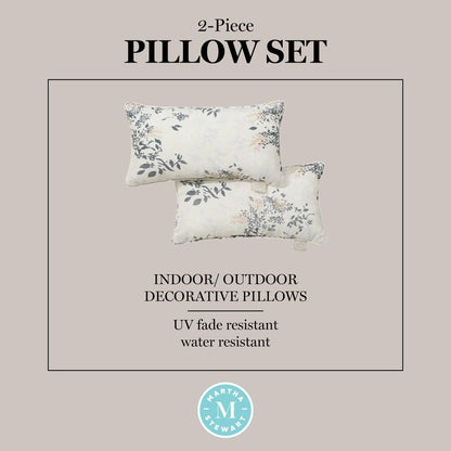 Martha Stewart Charming Foliage Indoor Outdoor Decorative Lumbar Pillow 2-Pack Set, UV Fade Resistant, Water Repellent, Printed Floral Design, Warm Grey, 11"x18"