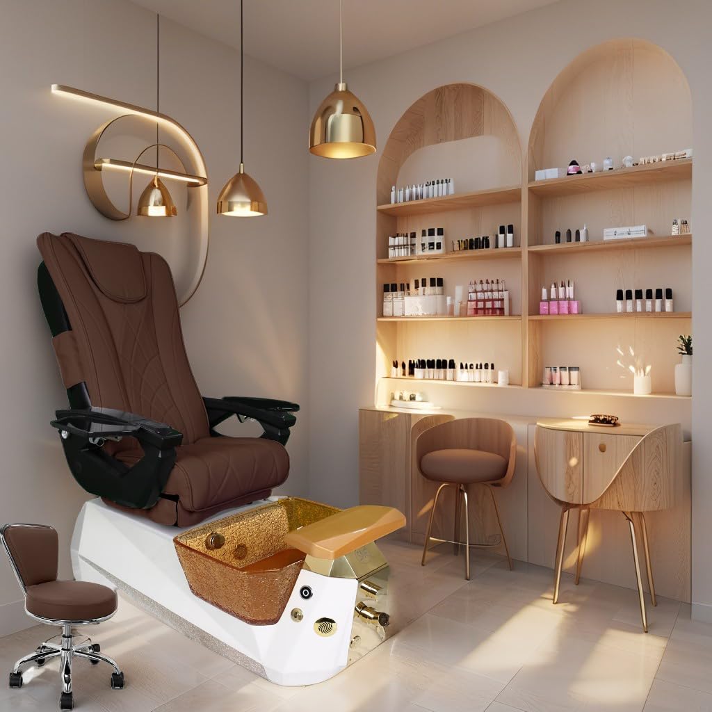 Galaxy Professional Nail Salon Furniture Set – Luxury Pedicure Spa Chair, Manicure Table & Technician Stools (Chocolate Set, Grey Table)