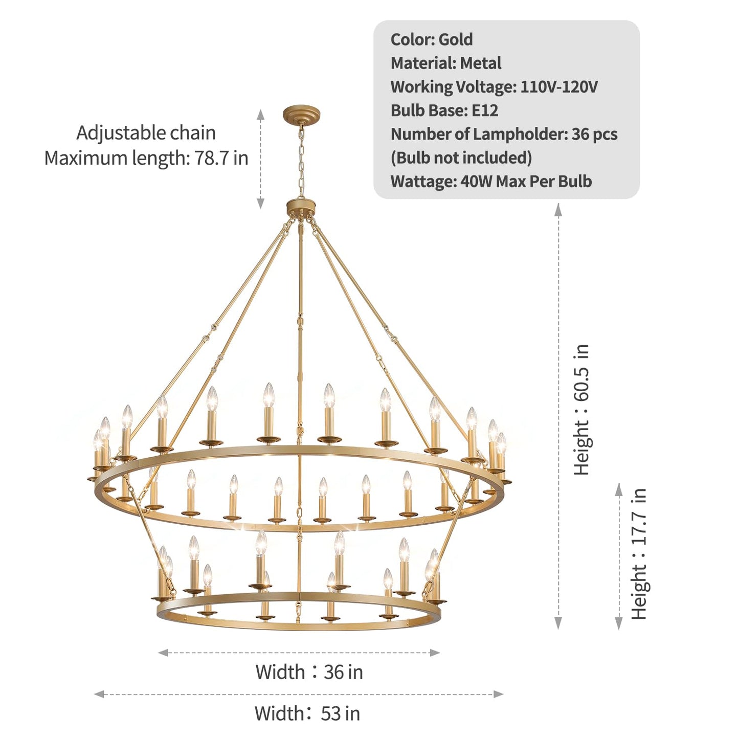 QJMPP Gold Wagon Wheel Chandelier 2 Tier 53-Inch 36-Light,Extra Large Circle Rustic Farmhouse Light Fixture,Round Metal Chandeliers for Foyer Entryway Dining Room Living Room High Ceilings