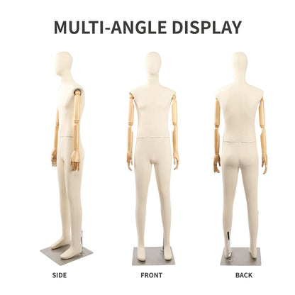 Full Body Male Mannequin with Articulated Wood Arms, Premium Linen Covered Dress Form with Heavy Metal Base, Posable Retail Display Dummy for Boutique Window & Streetwear(Cloth Head)