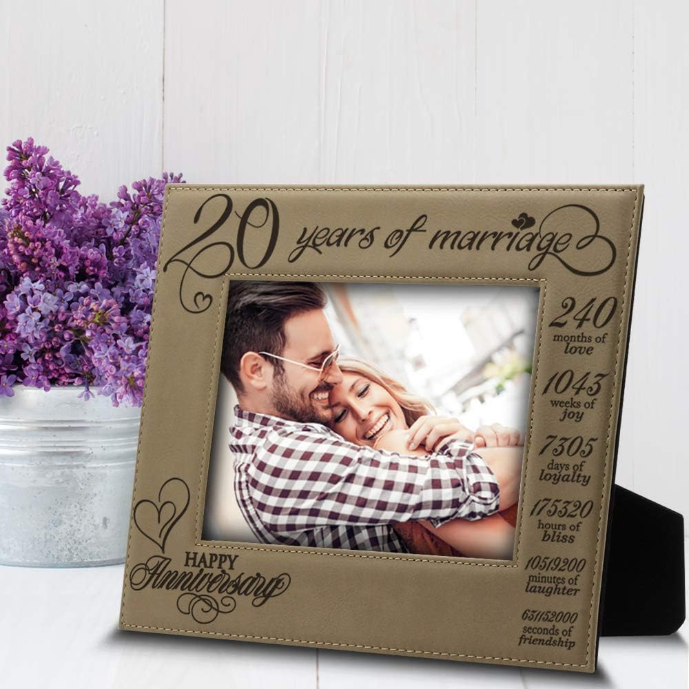 BELLA BUSTA 20 Years of Marriage Engraved Leather Picture Frame, 5 x 7 Horizontal, Anniversary Gift