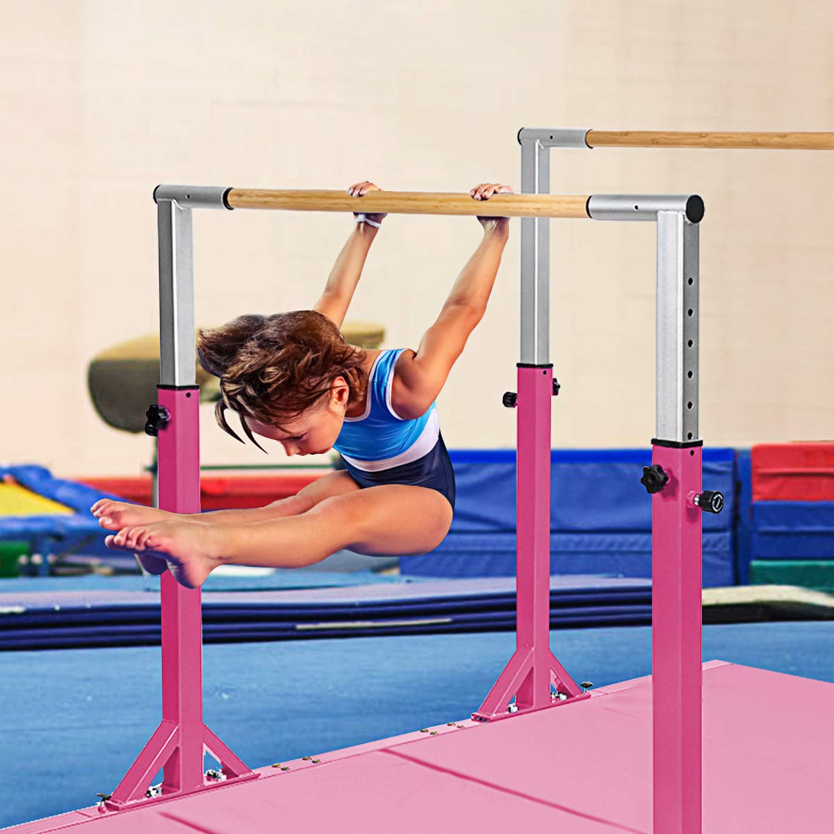 Costzon Double Horizontal Bars, Junior Gymnastic Training Parallel Bars w/ 11-Level 38-55" Adjustable Heights, Converted Single Bar, 264lbs Capacity, Ideal for Indoors, Outdoors, Home Practice (Pink)