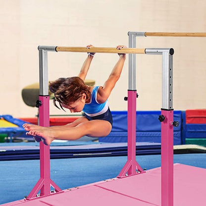 Costzon Double Horizontal Bars, Junior Gymnastic Training Parallel Bars w/ 11-Level 38-55" Adjustable Heights, Converted Single Bar, 264lbs Capacity, Ideal for Indoors, Outdoors, Home Practice (Pink)