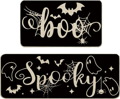 Baccessor Halloween Black Kitchen Rugs Set of 2, Spooky Ghost Low-Profile Non Slip Absorbent Kitchen Floor Mats 17x29