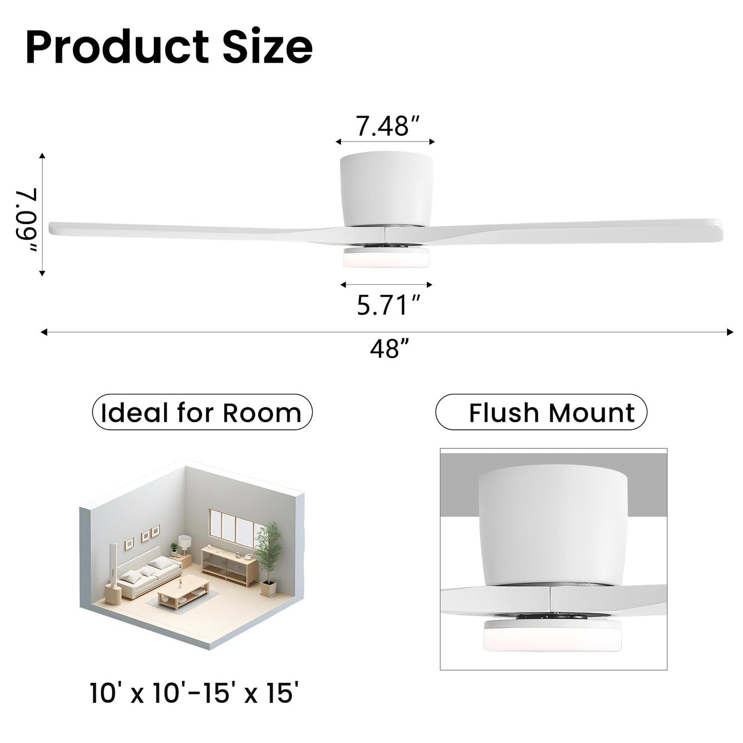 LEDLUX 48" Ceiling Fan with Light - Low Profile Flush Mount Ceiling Fan, Dimmable Light, 6-Speed DC Motor Remote Control, 3 Solid Wood, White, for Bedroom, Living Room, Porch