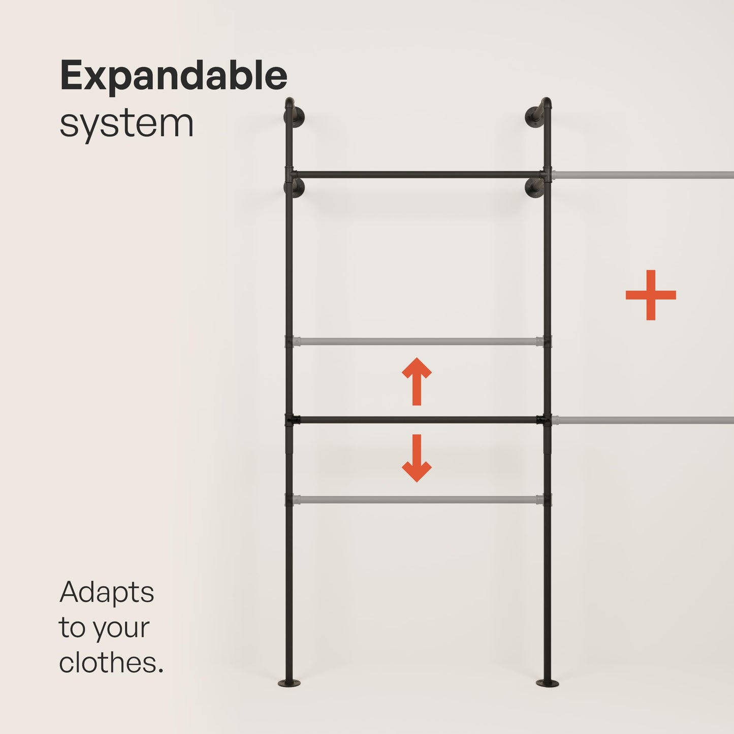pamo Industrial Pipe Clothing Rack – Wall Mounted Black Closet System in Powder-Coated Steel – 79.13" W × 87.4" H – Easy Setup – Ideal for Walk-In Closets & Retail Use