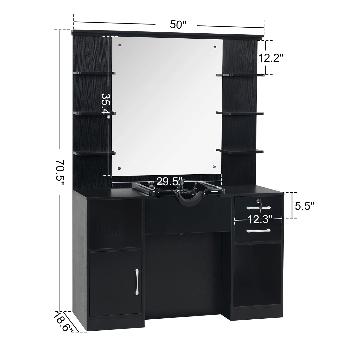 BarberPub Wall Mount Storage Station with Mirror Shampoo Bowl High-end Styling Beauty Salon Furniture Set 3145 (Black)