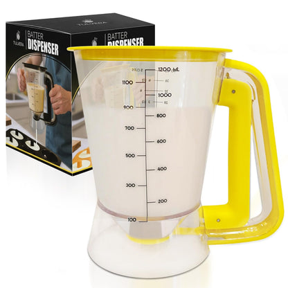 Pancake Batter Dispenser | 5-Cup Mix Pourer for Pancakes, Waffles, Crepes, Muffins, Cupcakes | Squeeze Handle, Portion Control Pitcher, Durable Drip-Free Design | Baking Accessories (Classic Yellow)
