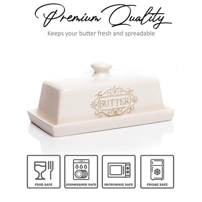 Covered Butter Dish with Lid - Elegant Engraved Butter Holder with Lid - Ceramic Butter Stick Holder Tray Holds Any Size Stick - Decorative Butter Keeper Container for Countertop & Fridge - 7.7" x 4"