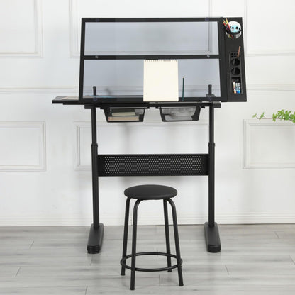 Hassyee Modern Design Hand Crank Adjustable Drafting Table Drawing Desk with Two Large-Size Metal Drawers and E0 Grade MDF Material Desktop (Black)