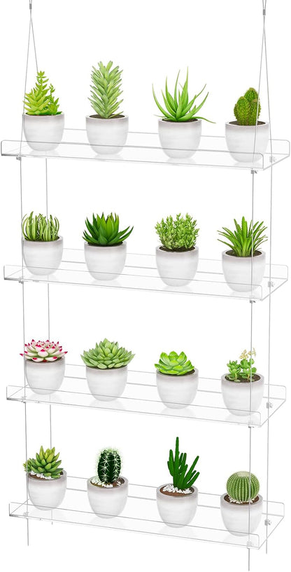 OtNiap 4-TierClear 16 Inch Plant Shelves, Height Adjustable Hanging Acrylic Indoor Wall Hanging Plant Stand Flower